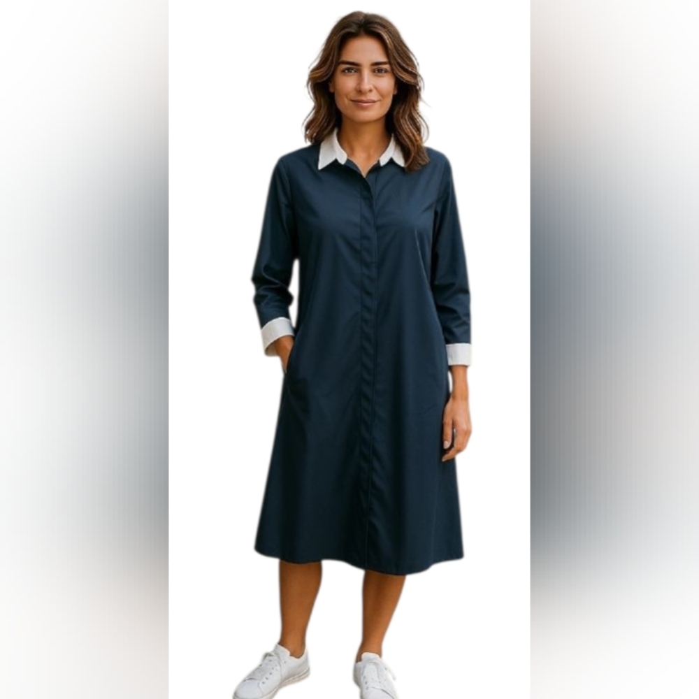 NWT EAST ESSENCE Navy Blue Shirt Dress with White Collar and Cuffs L P2P 21 L 40
